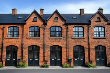 Naklejka premium Old historic brick house architecture in a European city street with traditional windows