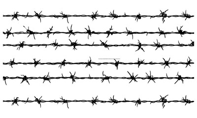 Seamless pattern of barbed wire silhouettes, black steel barb fence background, protection concept, security danger theme, industrial wire fencing, vector illustration, perimeter security.