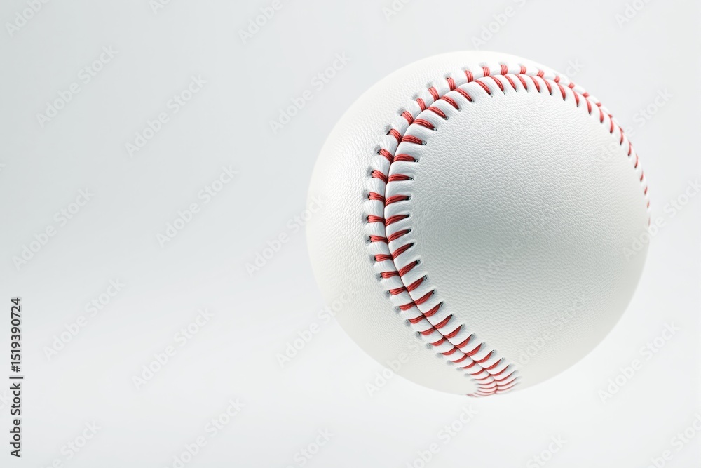 Poster close-up of a baseball with red stitching on a light background.