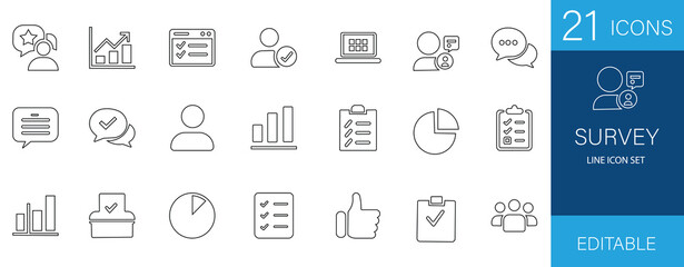 Survey line icon set with poll, vote, checklist, form, rating, feedback, question, report, mark, approval, research, pictogram icons—perfect for online surveys and client analysis