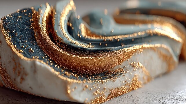 Abstract form showcasing flowing, layered design with white, teal, and dark blue with gold accents