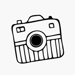 Hand-drawn vector icon of a retro camera in black and white. Simple doodle style, ideal for photography logos, blog design, kids’ prints, social media highlights, and creative branding projects
