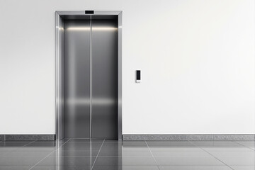Closed stainless steel elevator doors in a modern building hallway.