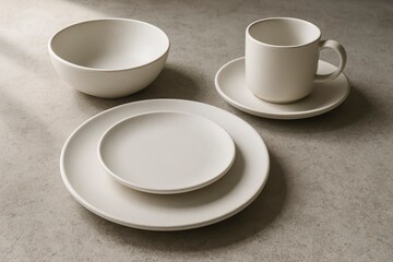 Fototapeta premium Still life of white dishware including plates bowl cup and saucer set