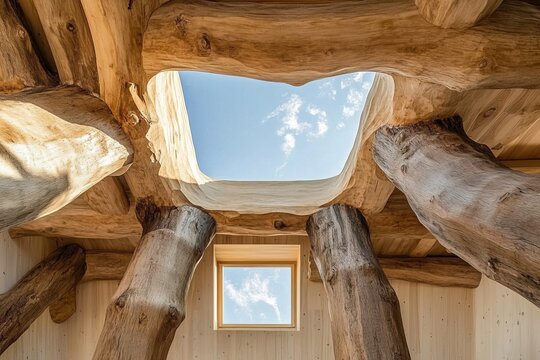 Old rustic wooden log cabin house in the mountains with a white window