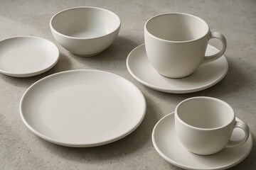 Arrangement of white ceramic tableware including cups plates and bowls