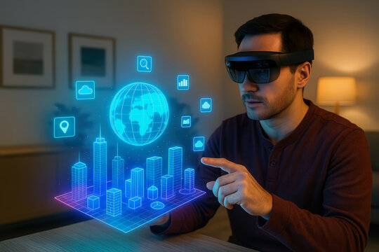 Man Using Augmented Reality to Explore Global Smart City Data