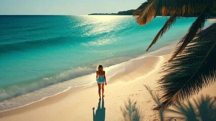 Aerial view of blonde woman walking on sand beach with turquoise water and palm trees. Summer travel and relaxing vacation lifestyle. - Powered by Adobe