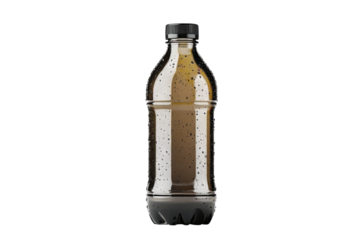 Refreshing Drink Bottle Mockup Cold Beverage Clear Liquid Glossy Texture Black Cap Dark on transparent background