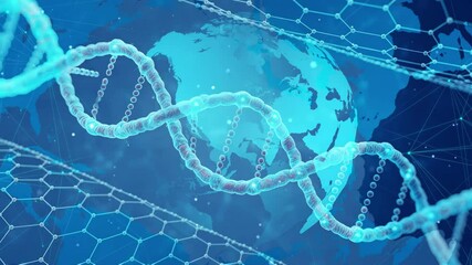 DNA Strand on Blue World Map with Digital Hexagonal Structure Network - Powered by Adobe