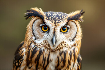 Obraz premium Close-up of an owl with intense yellow eyes and intricate feather details.