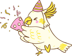 Cartoon Cockatoo with Party Hat and Confetti