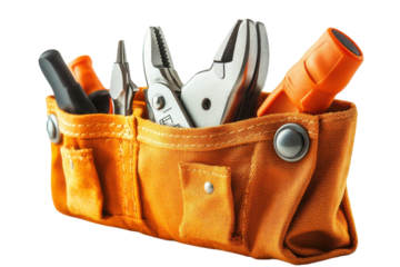 Tool Belt Still Life Wrenches Screwdrivers Pliers and Orange Canvas Pouch Organizer for on transparent background