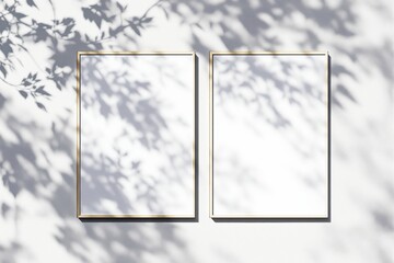 Blank poster frames on white wall with soft shadows of tree leaves.