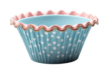 Sweet Treat Adorable Blue Cupcake Liner Container with Pink Ruffled Trim White Polka Dots on transparent background