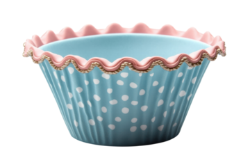 Sweet Treat Adorable Blue Cupcake Liner Container with Pink Ruffled Trim White Polka Dots on transparent background