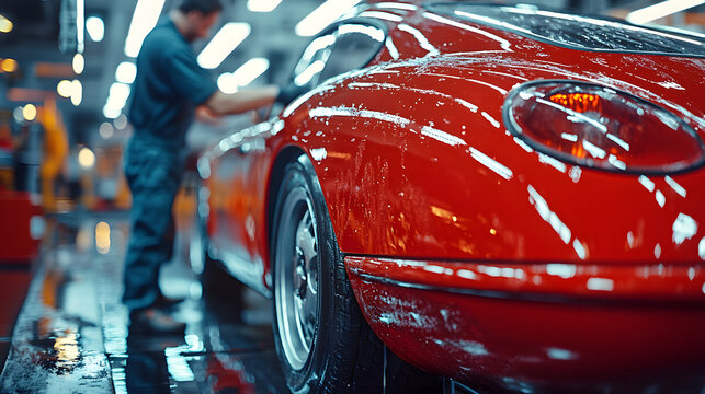 A skilled car painter carefully applies a vibrant coat of red paint to a vehicle in an auto body shop, demonstrating precision and attention to detail in the bright work environment