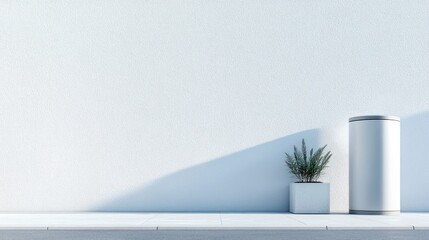 Obraz premium Minimalist scene of a white wall with a potted plant and a cylindrical container casting a shadow