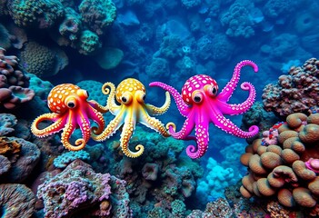 Three Vibrant Octopuses Playfully Swim
