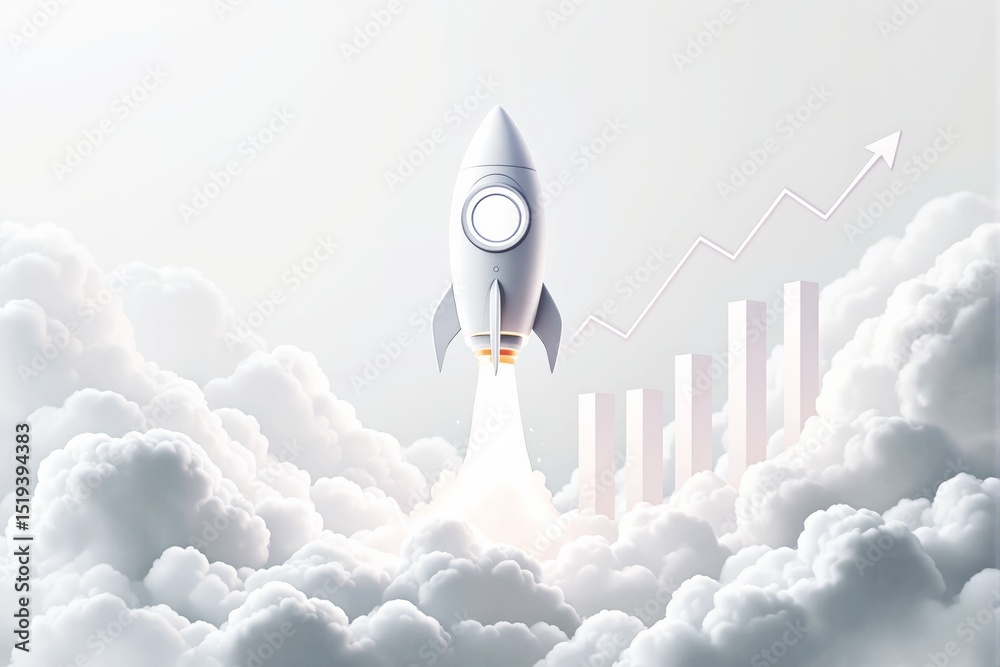 Poster Rocket launching through clouds with business growth chart in soft light background.