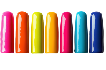 Vibrant Collection Brightly Colored Polish in a Row Hot Pink Orange Yellow and Blues Beauty on transparent background