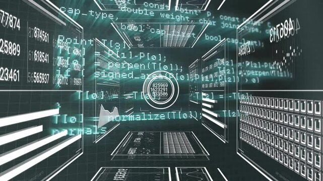 Camera panning 3D grid corridor, reticle advancing, code panels shifting visualizing data flow