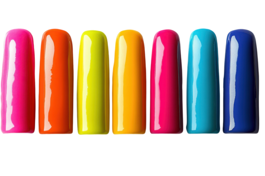 Vibrant Collection Brightly Colored Polish in a Row Hot Pink Orange Yellow and Blues Beauty on transparent background