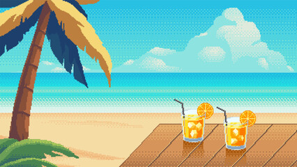 Two summer cocktails with orange slices on a beach table. Pixel art tropical seaside landscape with palm tree and ocean view under blue sky with clouds.