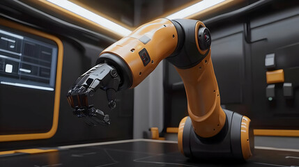 Orange Robotic Arm In Modern Industrial Setting