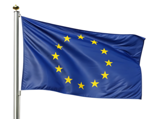 Canvas of flag of European Union flutters on flagpole against gray sky. European Union Flag Waving on a Metal Pole