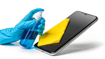 Cleaning smartphone screen with disinfectant spray and yellow cloth, hand in protective glove on white background
