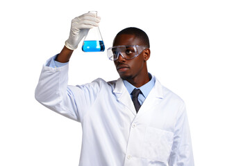 Scientist Examining Blue Liquid in Erlenmeyer Flask A Chemistry Experiment
