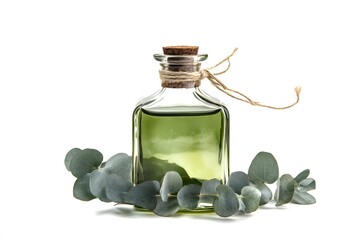 Still life of a square glass bottle filled with green liquid and eucalyptus leaves on a white background