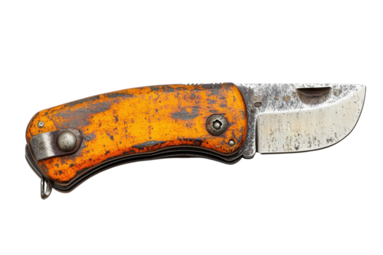 Antique Folding Pocket Knife on Black Background Old Fashioned Collector Item Orange Handle on transparent background
