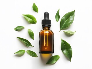 A brown glass bottle with a dropper surrounded by green leaves on a white background in a flat lay style