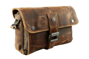 Vintage Leather Bag Detailed Close Up Stylish Crossbody Purse Distressed Brown Leather Fashion on transparent background