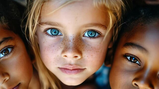 Close up of diverse group of three children faces showing unity and friendship.