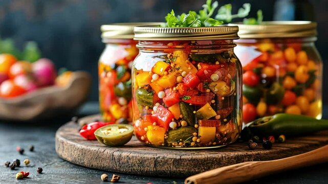 Colorful jars of pickled vegetables, food preparation, preserved harvest. Jars, vegetables, pickled, food, colorful, harvest, preparation.