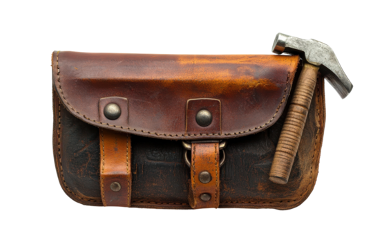 Leather Pouch Hammer Tool Vintage Brown Bag Old Work Equipment Antique Craft Artisan Repair on transparent background