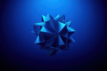 three-dimensional dark blue geometric spiked polyhedron floating on a smooth deep blue gradient background