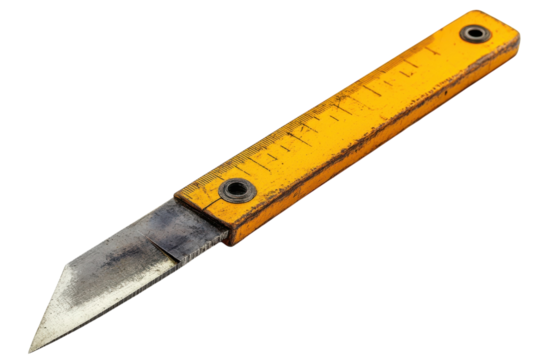 Old School Crafting Knife Vintage Tool Woodworking Carpentry Sharp Blade Yellow Handle Ruler on transparent background