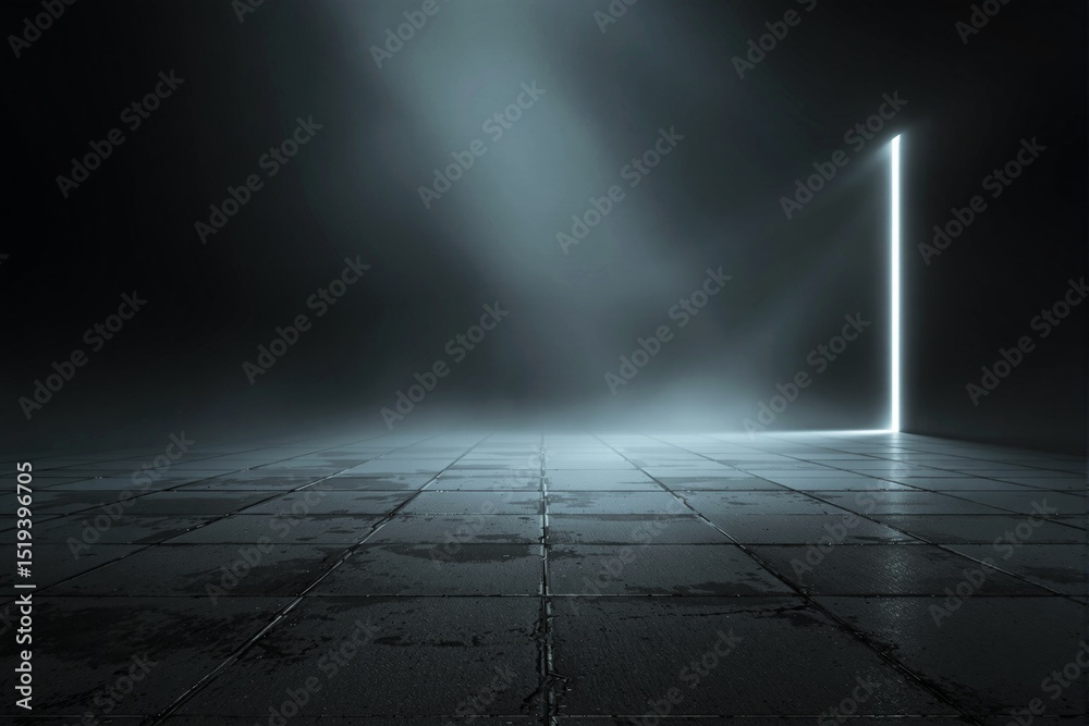 Poster mysterious illuminated doorway in dark empty room with foggy atmosphere.