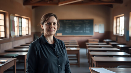 female educator in an underfunded school, standing in a classroom with minimal resources