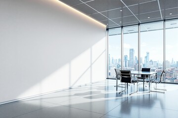 Modern office interior with empty white wall and meeting table near panoramic windows.