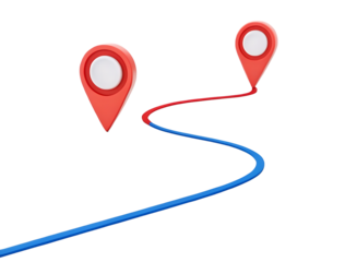 3D illustration of a winding path between two location markers.