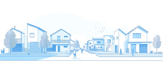 Blue line art vector illustration of simple modern residential buildings with small houses and people walking on the street, simple lines, white background, minimalism, simple flat style.