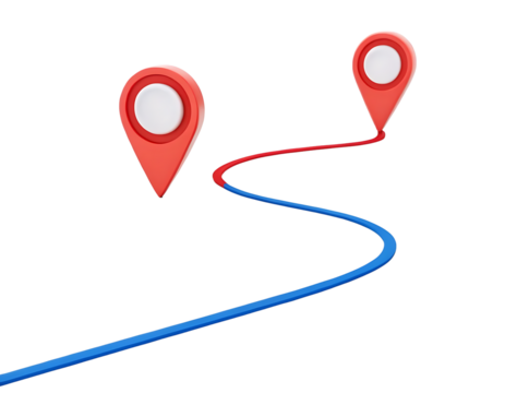 3D illustration of a winding path between two location markers.