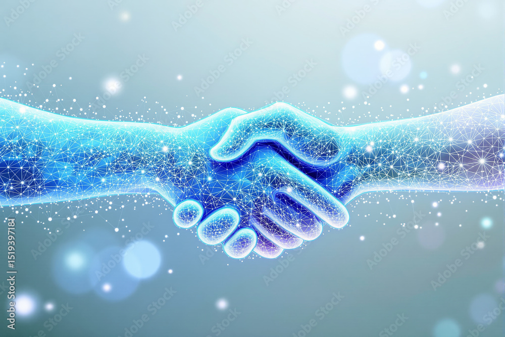 Poster futuristic digital handshake with glowing blue network connections on a light abstract background. c