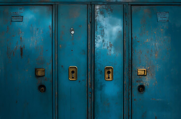 Blue high school lockers with brass locks, a school background. 