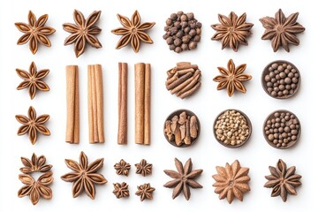 Overhead arrangement showcases warm, aromatic spices like star anise, cinnamon sticks, and